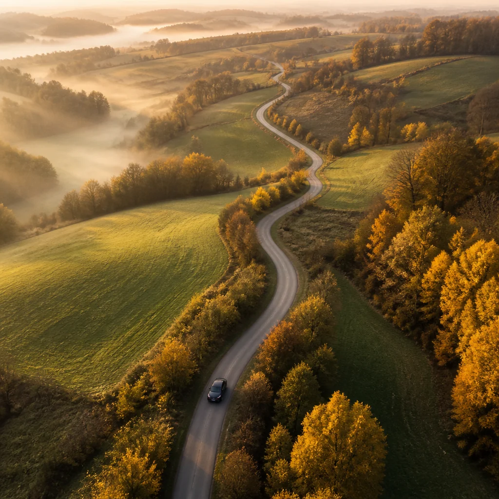 Jesenska cesta z električnim avtomobilom – ilustracija
